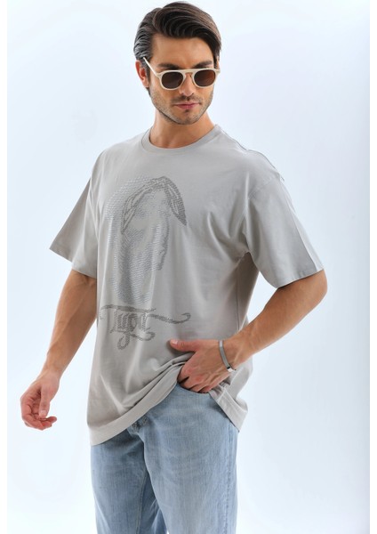 Unisex Oversize Taşlı Bisiklet Yaka T-Shirt - Gri -Vlmr indirimleri