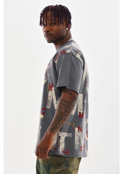 Unisex Baskılı Oversize T-Shirt - Füme -Vlmr fırsatları