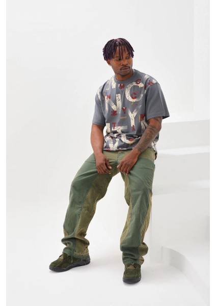 Unisex Baskılı Oversize T-Shirt - Füme -Vlmr indirimleri