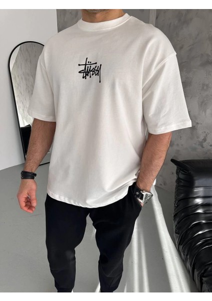 Unisex Bisiklet Yaka Baskılı Oversize T-Shirt - Beyaz -Vlmr