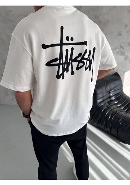 Unisex Bisiklet Yaka Baskılı Oversize T-Shirt - Beyaz -Vlmr fiyatları