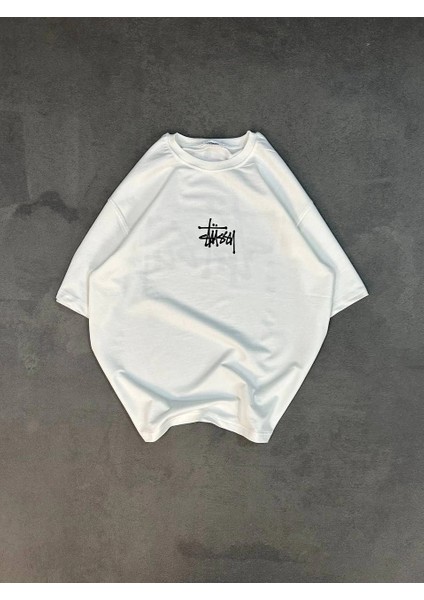 Unisex Bisiklet Yaka Baskılı Oversize T-Shirt - Beyaz -Vlmr modelleri