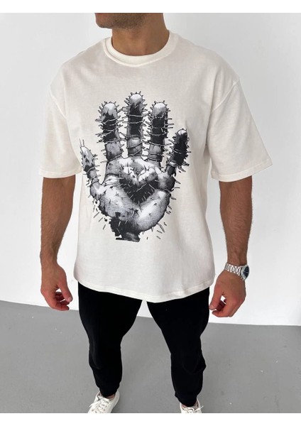 Unisex Bisiklet Yaka Baskılı Oversize T-Shirt - Beyaz -Vlmr fiyatları