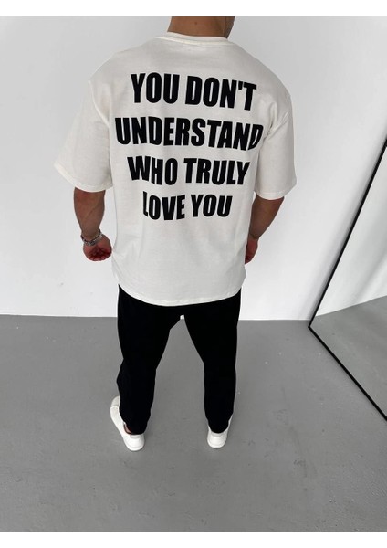 Unisex Bisiklet Yaka Baskılı Oversize T-Shirt - Beyaz -Vlmr modelleri