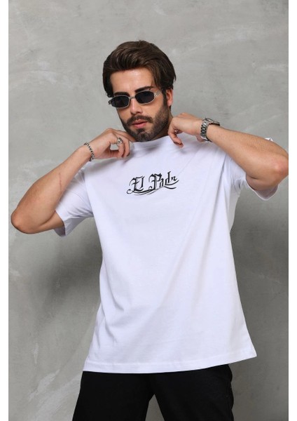 Unisex Bisiklet Yaka Baskılı Oversize T-Shirt - Beyaz -Vlmr