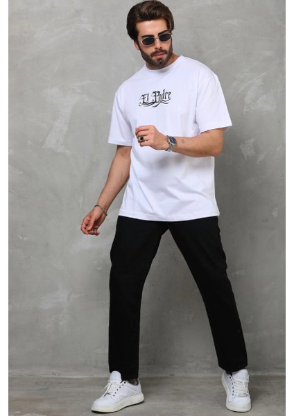 Unisex Bisiklet Yaka Baskılı Oversize T-Shirt - Beyaz -Vlmr fırsatları