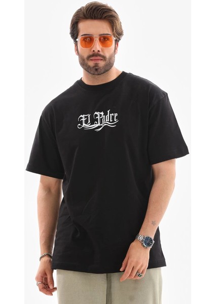 Unisex Bisiklet Yaka Baskılı Oversize T-Shirt - Siyah -Vlmr