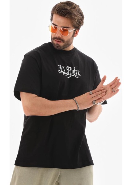 Unisex Bisiklet Yaka Baskılı Oversize T-Shirt - Siyah -Vlmr fiyatları