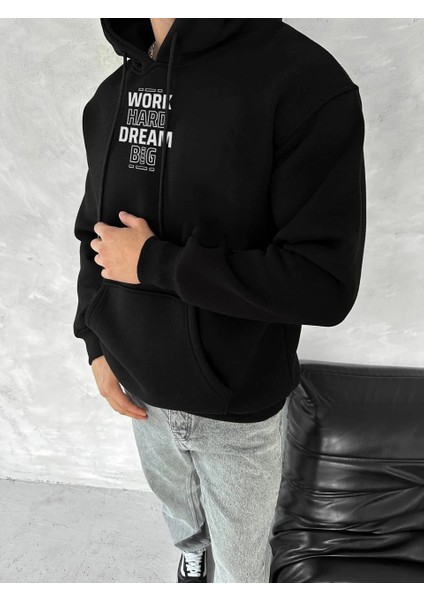 Kışlık Üç Iplik Kapüşonlu Sweatshirt - Siyah -Vlmr