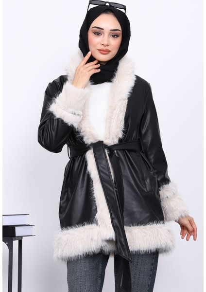 Siyah Kürk Detaylı Kuşaklı Deri Trenç Ceket