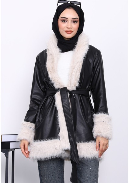 Siyah Kürk Detaylı Kuşaklı Deri Trenç Ceket modelleri
