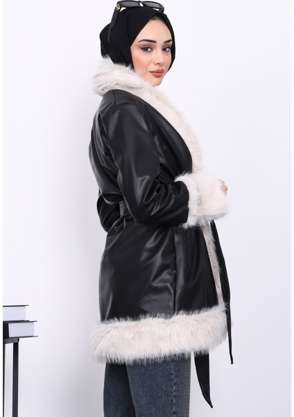 Siyah Kürk Detaylı Kuşaklı Deri Trenç Ceket fırsatları