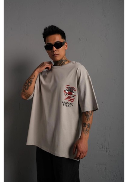 Erkek Sırt Baskılı A Kalite Oversize T-Shirt - Gri -Vlmr