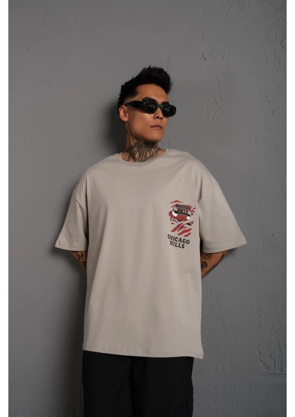 Erkek Sırt Baskılı A Kalite Oversize T-Shirt - Gri -Vlmr fiyatları