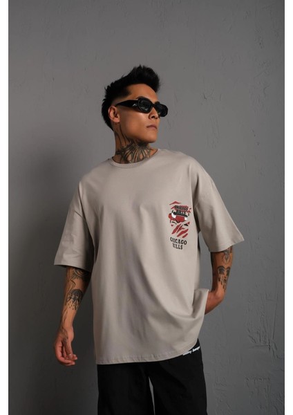 Erkek Sırt Baskılı A Kalite Oversize T-Shirt - Gri -Vlmr modelleri