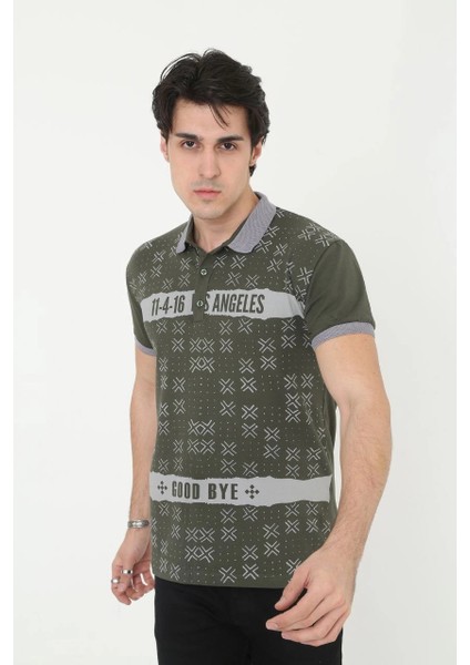 Erkek Yakalı Slim Fit Baskılı T-Shirt - Haki -Vlmr