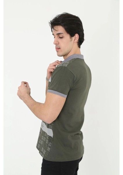 Erkek Yakalı Slim Fit Baskılı T-Shirt - Haki -Vlmr modelleri