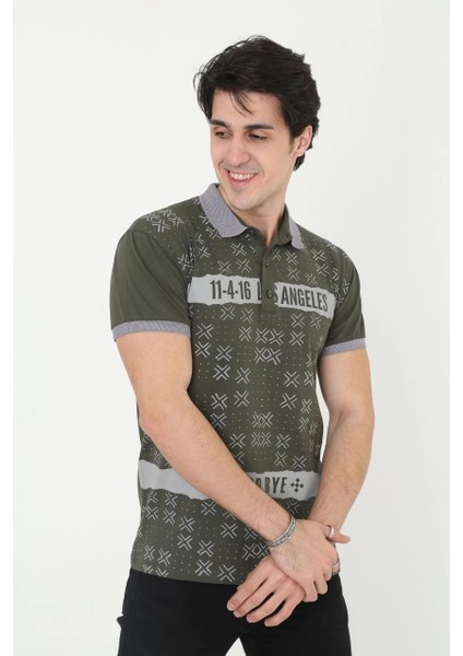 Erkek Yakalı Slim Fit Baskılı T-Shirt - Haki -Vlmr fırsatları