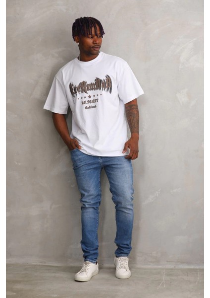 Unisex Baskılı Oversize T-Shirt - Beyaz -Vlmr fırsatları