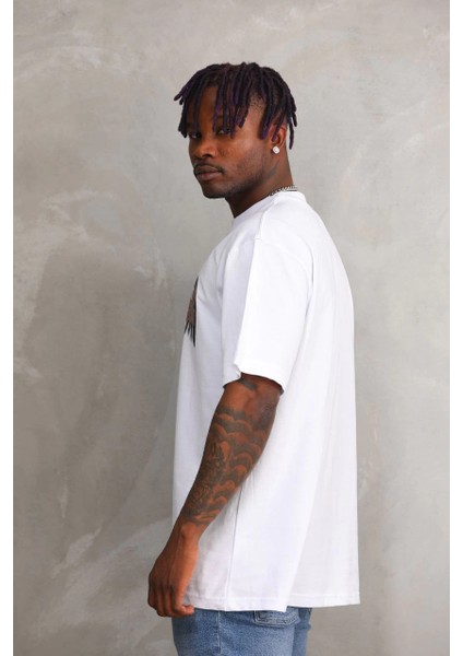 Unisex Baskılı Oversize T-Shirt - Beyaz -Vlmr indirimleri