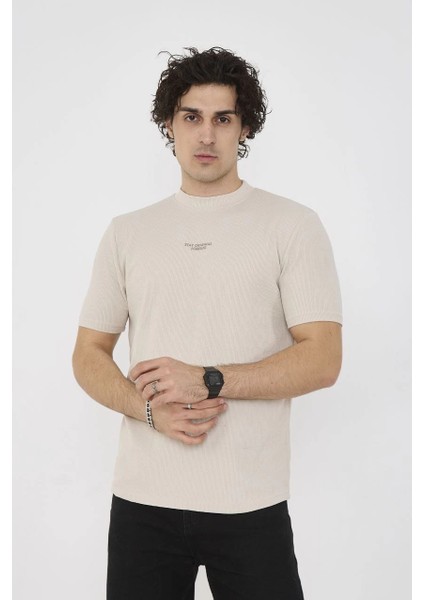 Unisex Bisiklet Yaka Slim Fit T-Shirt- Bej -Vlmr