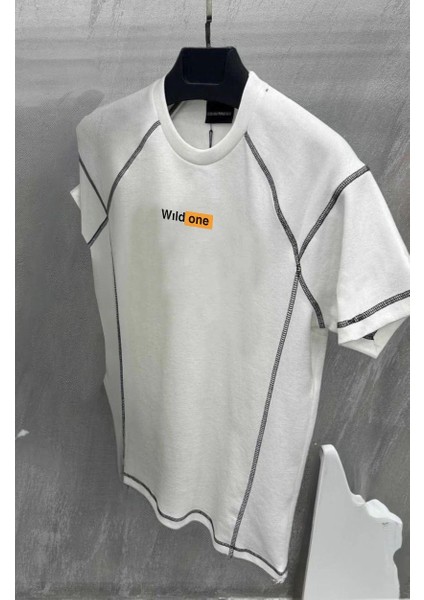 Unisex Dikişli Baskılı Oversize T-Shirt - Beyaz -Vlmr