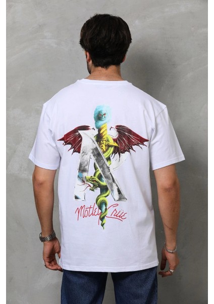 Unisex Bisiklet Yaka Baskılı Oversize T-Shirt - Beyaz -Vlmr indirimleri