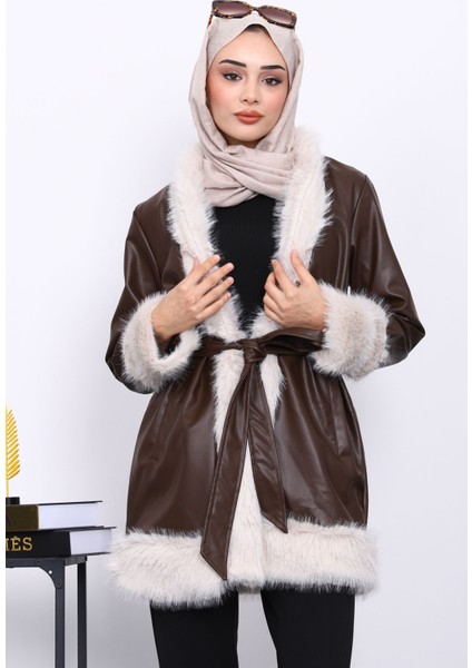 Kahverengi Kürk Detaylı Kuşaklı Deri Trenç Ceket