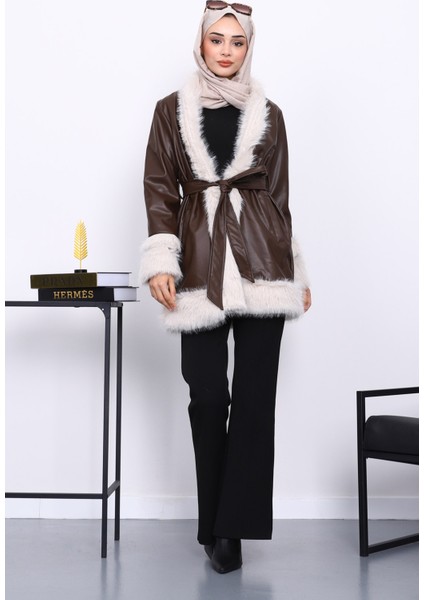 Kahverengi Kürk Detaylı Kuşaklı Deri Trenç Ceket fiyatları