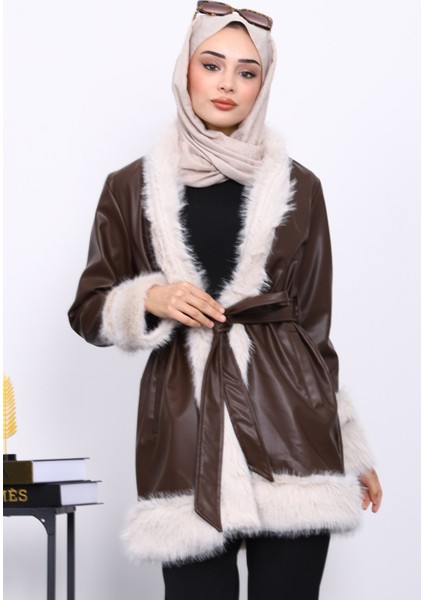 Kahverengi Kürk Detaylı Kuşaklı Deri Trenç Ceket modelleri