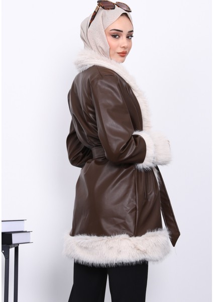 Kahverengi Kürk Detaylı Kuşaklı Deri Trenç Ceket fırsatları