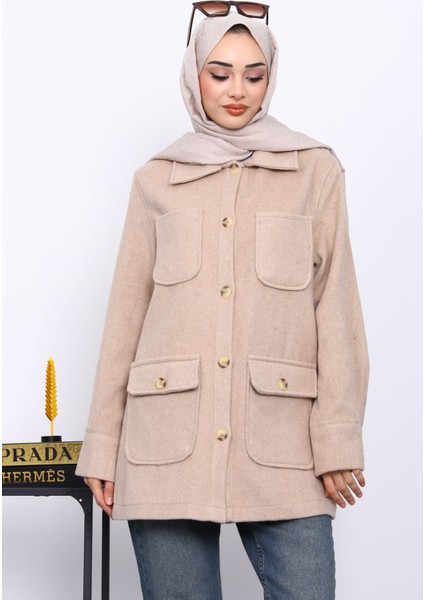 Vizon Cepli Düğmeli Kaşe Ceket