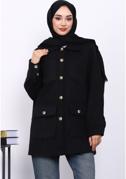 Siyah Cepli Düğmeli Kaşe Ceket