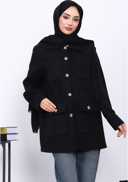Siyah Cepli Düğmeli Kaşe Ceket modelleri