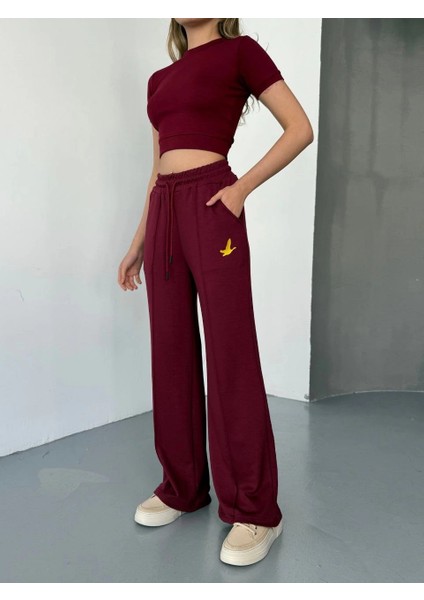 Osy Modal Yumuşak Dokulu Kumaş Nakış Işlemeli Rahat Bol Paça Eşofman Pantalon - Bordo -Vlmr