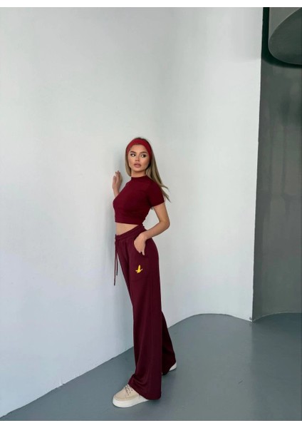 Osy Modal Yumuşak Dokulu Kumaş Nakış Işlemeli Rahat Bol Paça Eşofman Pantalon - Bordo -Vlmr modelleri