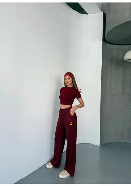 Osy Modal Yumuşak Dokulu Kumaş Nakış Işlemeli Rahat Bol Paça Eşofman Pantalon - Bordo -Vlmr indirimleri