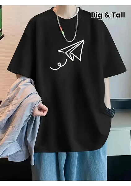 20/1 Penye Compack Uçak Baskılı Oversize Bisiklet Yaka Kısa Kol T-Shirt - Siyah -Vlmr