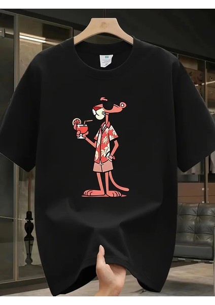 Pembe Panter Baskılı Erkek Oversize Günlük Kısa Kollu Tişört- Siyah -Vlmr