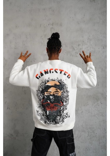 Erkek 3 Iplik Gangster Baskılı Sweatshirt - Beyaz -Vlmr fiyatları
