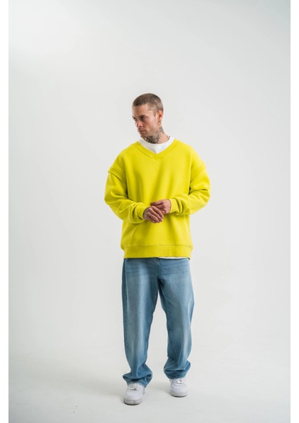Geniş V Yaka Kol Ribana Detaylı Sweatshirt - Sarı -Vlmr fiyatları
