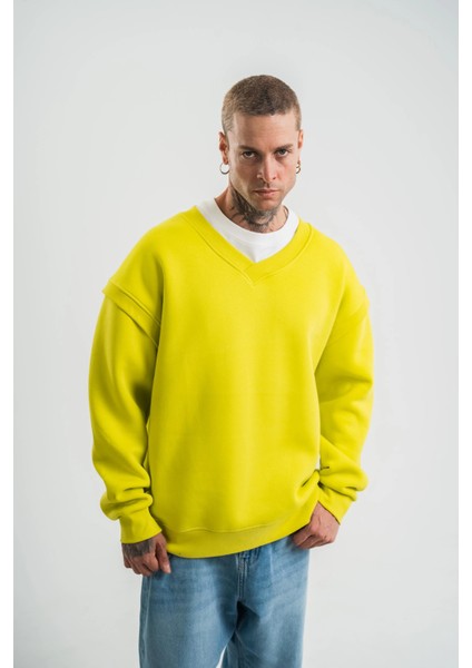 Geniş V Yaka Kol Ribana Detaylı Sweatshirt - Sarı -Vlmr fırsatları