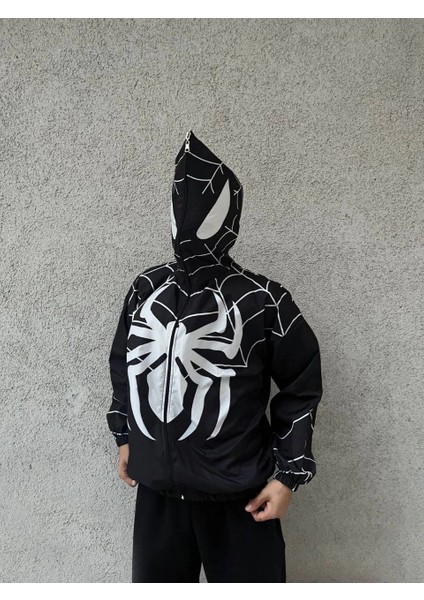 Unisex Uzun Kollu Kapşonlu Rüzgarlik - Siyah -Vlmr