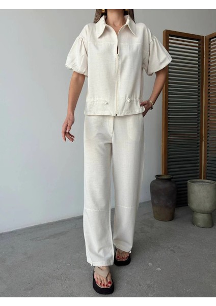 Keten Tam Fermuarlı Kısa Kollu Gömlek Pantolon Ikili Takım - Beyaz -Vlmr modelleri