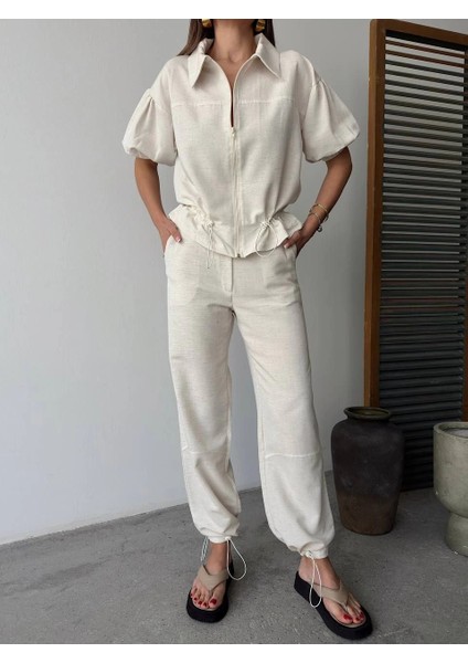 Keten Tam Fermuarlı Kısa Kollu Gömlek Pantolon Ikili Takım - Beyaz -Vlmr fırsatları