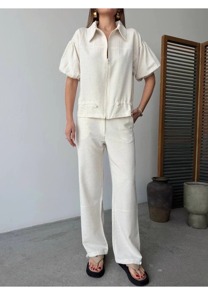 Keten Tam Fermuarlı Kısa Kollu Gömlek Pantolon Ikili Takım - Beyaz -Vlmr indirimleri