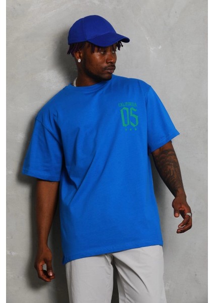 Unisex Oversize Baskılı Bisiklet Yaka T-Shirt - Mavi -Vlmr