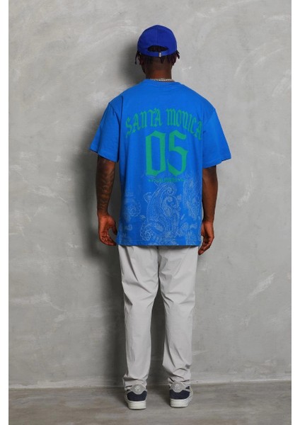 Unisex Oversize Baskılı Bisiklet Yaka T-Shirt - Mavi -Vlmr fırsatları