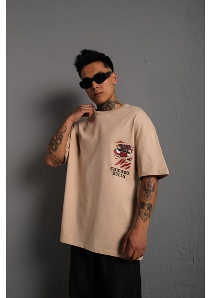Erkek Sırt Baskılı A Kalite Oversize T-Shirt - Bej -Vlmr
