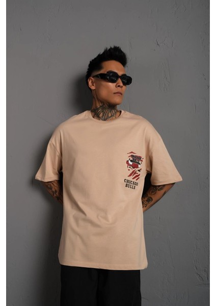 Erkek Sırt Baskılı A Kalite Oversize T-Shirt - Bej -Vlmr modelleri